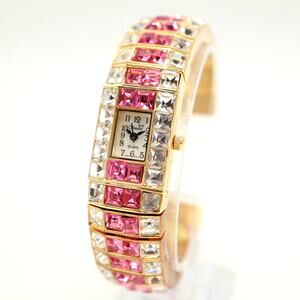 Vintage Swanie Gold Tone Pink Gem Set 19mm Women Watch Stretch Cuff New Battery